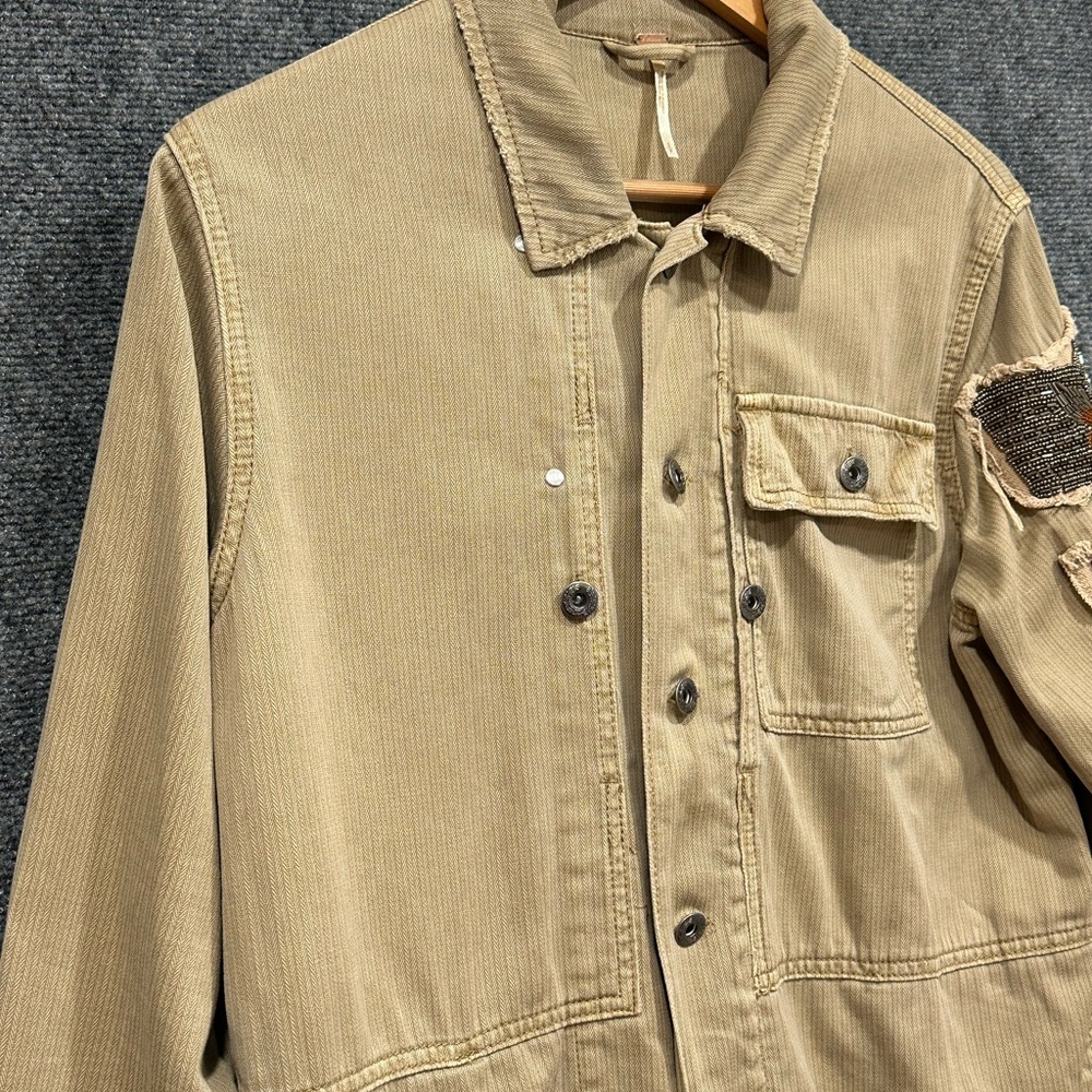 Free People embellished military jacket size SMALL distressed beaded shacket - Picture 3 of 12